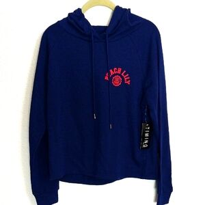 NWT Timing Blue Long Sleeved Pull Over Hoodie Size Junior L Peach Lily Logo